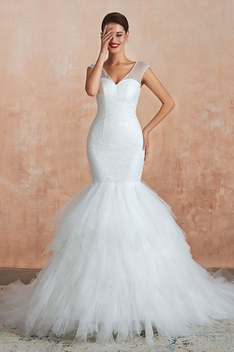 Mermaid Wedding Dress Beaded Chic V-Neck Sleeveless Bridal Gowns With Train-Showprettydress