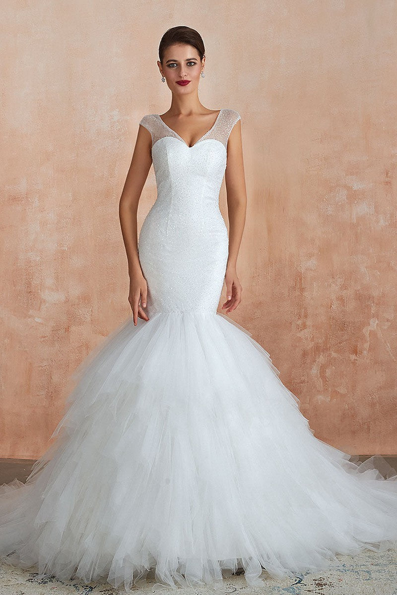 Mermaid Wedding Dress Beaded Chic V-Neck Sleeveless Bridal Gowns With Train-Showprettydress