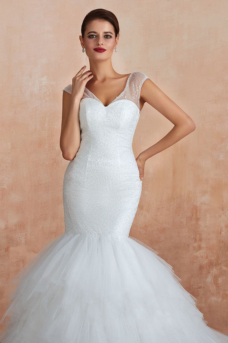 Mermaid Wedding Dress Beaded Chic V-Neck Sleeveless Bridal Gowns With Train-Showprettydress