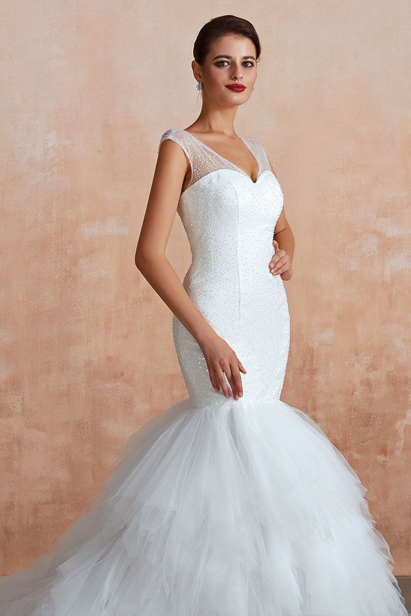 Mermaid Wedding Dress Beaded Chic V-Neck Sleeveless Bridal Gowns With Train-Showprettydress