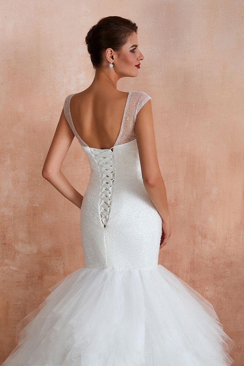 Mermaid Wedding Dress Beaded Chic V-Neck Sleeveless Bridal Gowns With Train-Showprettydress