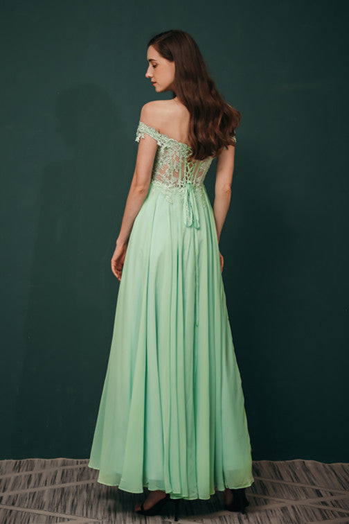 Mint Green Chiffon See-through Off-the-shoulder Lace Evening Dress-showprettydress