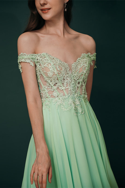 Mint Green Chiffon See-through Off-the-shoulder Lace Evening Dress-showprettydress
