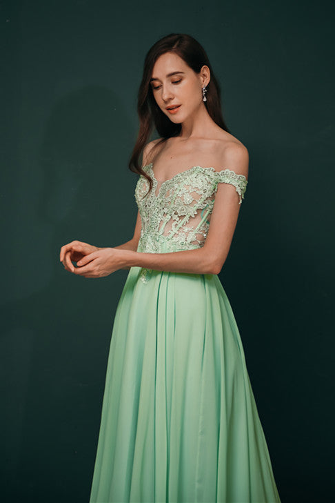 Mint Green Chiffon See-through Off-the-shoulder Lace Evening Dress-showprettydress