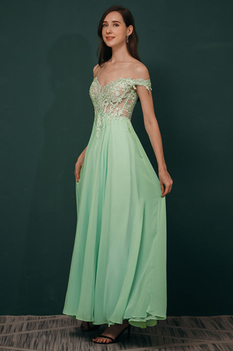 Mint Green Chiffon See-through Off-the-shoulder Lace Evening Dress-showprettydress