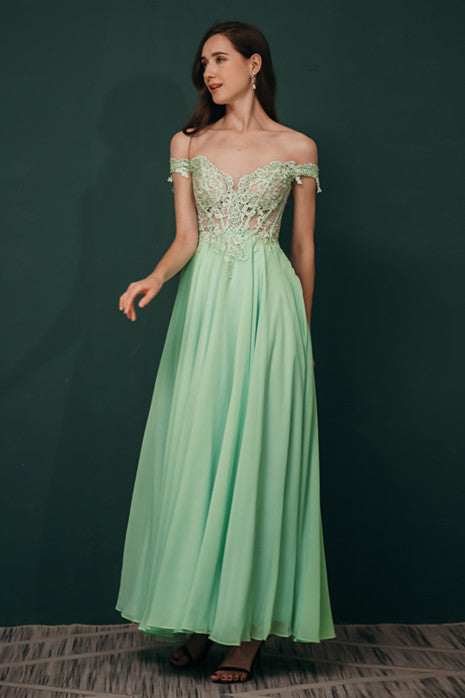 Mint Green Chiffon See-through Off-the-shoulder Lace Evening Dress-showprettydress