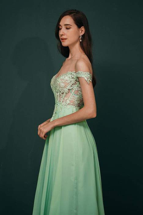 Mint Green Chiffon See-through Off-the-shoulder Lace Evening Dress-showprettydress