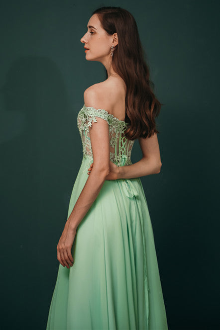 Mint Green Chiffon See-through Off-the-shoulder Lace Evening Dress-showprettydress