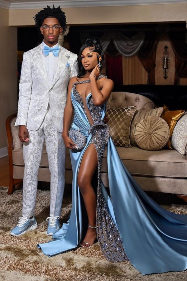 Modern Blue Ruffles One Shoulder Crystal Side Slit Prom Dresses-showprettydress