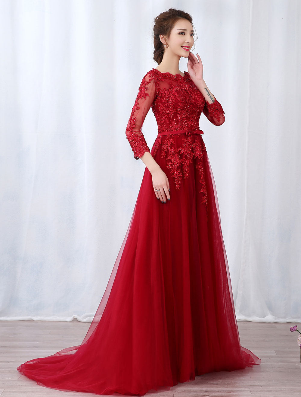 Modern Burgundy Evening Dresses Long Sleeve Lace Applique Beaded Formal Gown With Train-showprettydress
