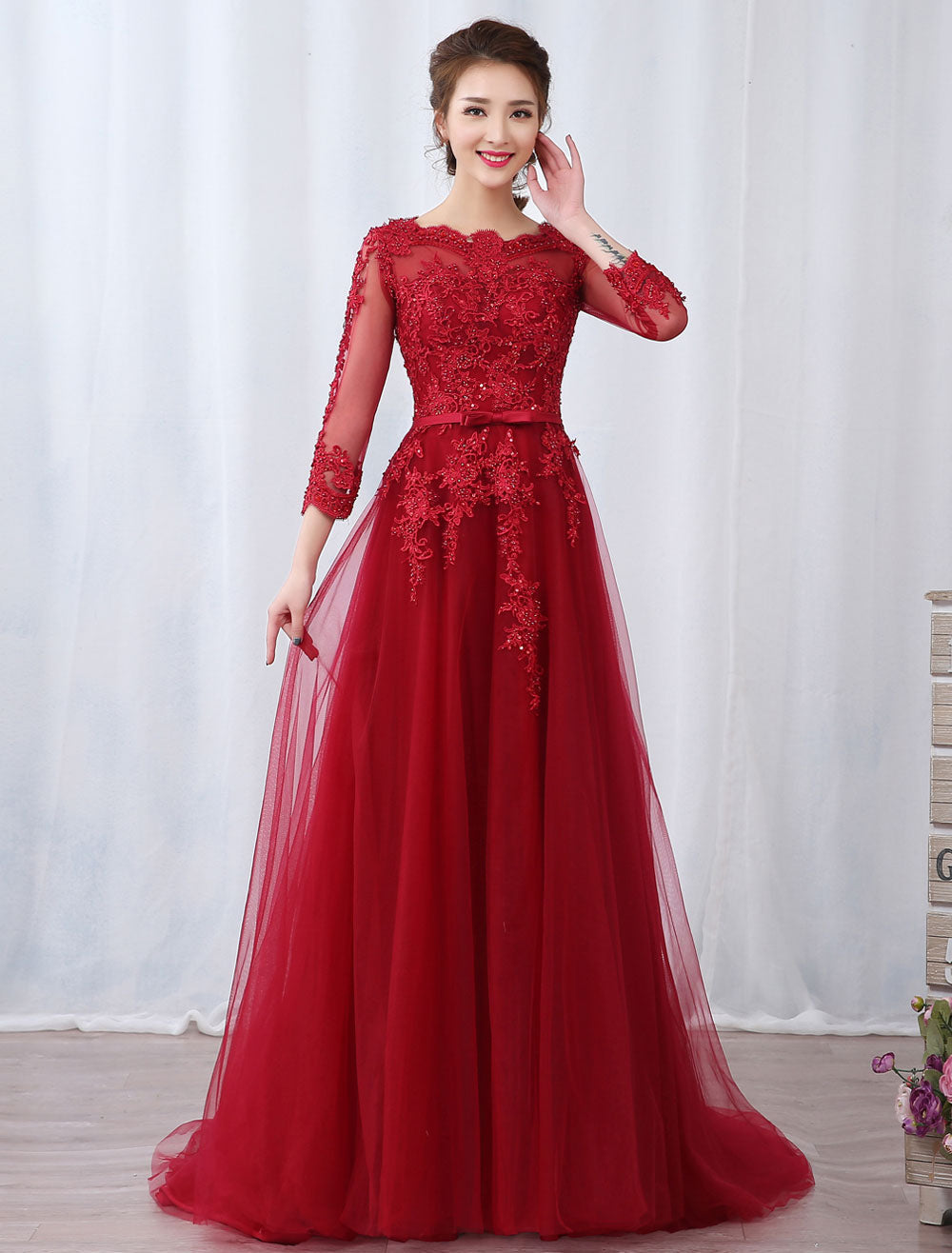 Modern Burgundy Evening Dresses Long Sleeve Lace Applique Beaded Formal Gown With Train-showprettydress