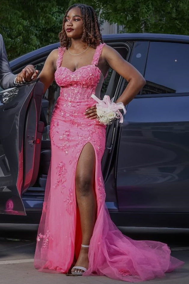 Modern Candy Pink Straps Tulle Appliques Side Slit Prom Dress-showprettydress