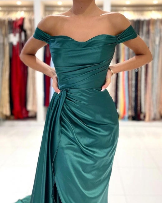 Modern Dark Green Off-the-shoulder Slit Mermaid Prom Dresses-showprettydress