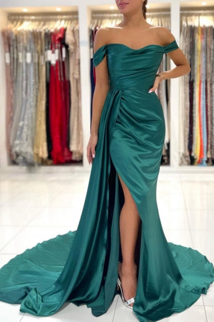 Modern Dark Green Off-the-shoulder Slit Mermaid Prom Dresses-showprettydress