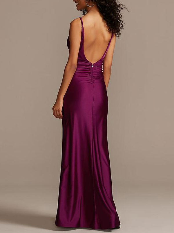 Modern Elastic Silk Like Satin Sheath Long Bridesmaid Dresses-Showprettydress