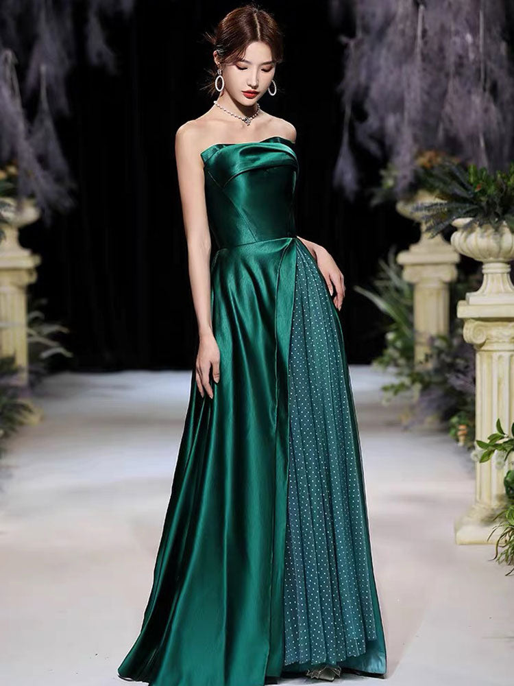 Modern Evening Dress A-Line Strapless Satin Fabric Floor-Length Pleated Formal Party Dresses Forest Green Pageant Dress-showprettydress