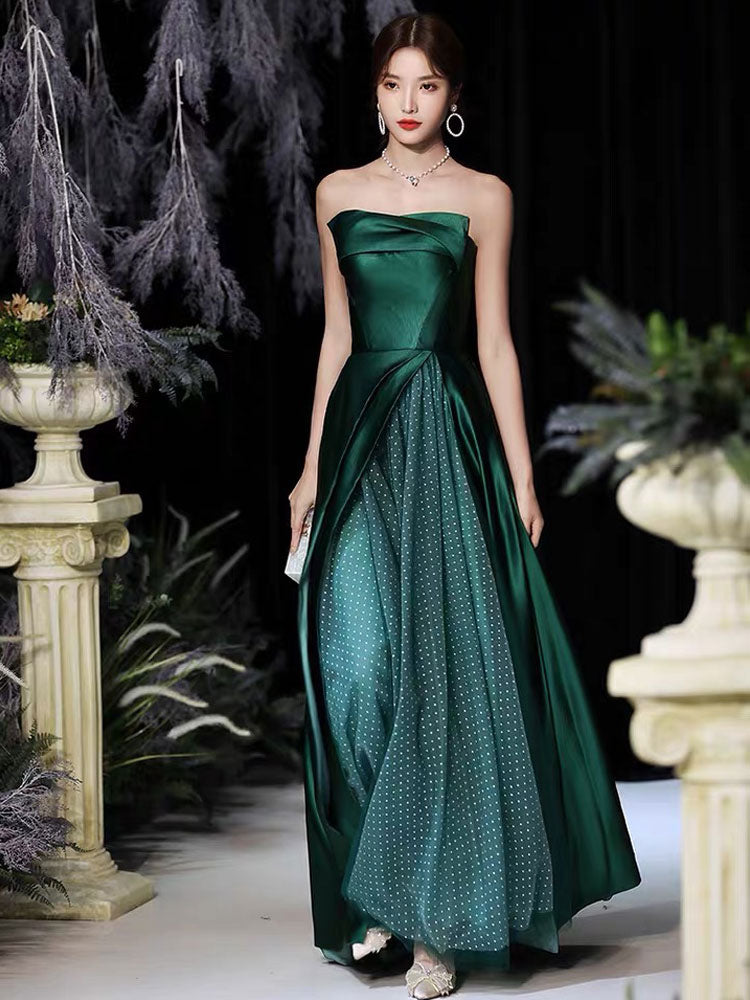 Modern Evening Dress A-Line Strapless Satin Fabric Floor-Length Pleated Formal Party Dresses Forest Green Pageant Dress-showprettydress