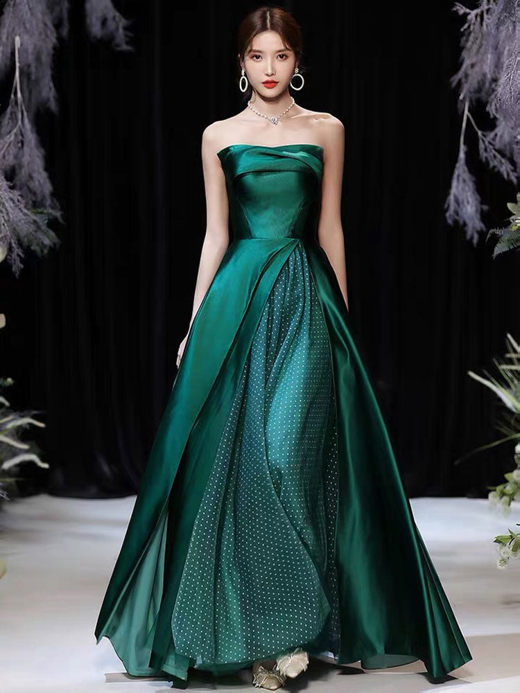 Modern Evening Dress A-Line Strapless Satin Fabric Floor-Length Pleated Formal Party Dresses Forest Green Pageant Dress-showprettydress