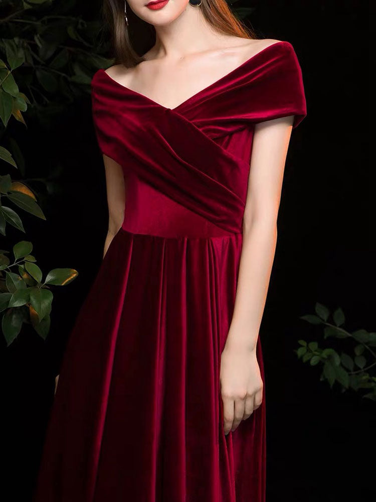 Modern Evening Dress A Line V Neck Matte Satin Floor Length Pleated Social Party Dresses-showprettydress