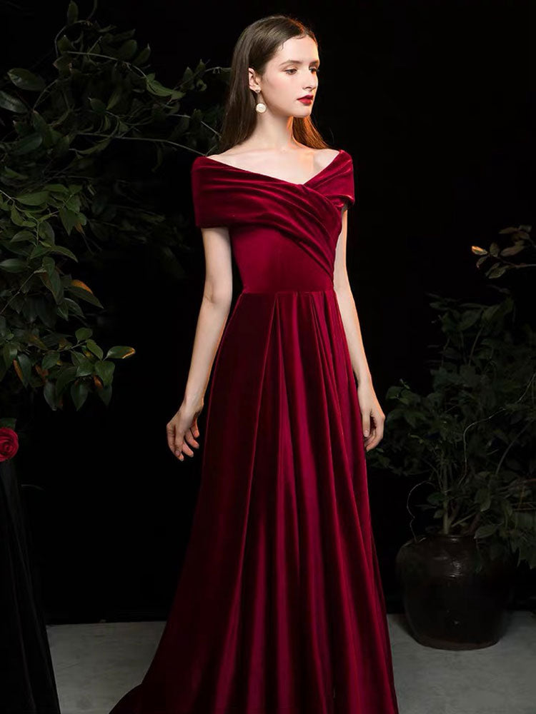 Modern Evening Dress A Line V Neck Matte Satin Floor Length Pleated Social Party Dresses-showprettydress