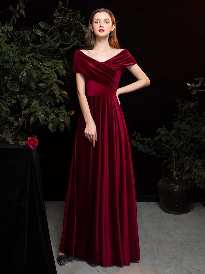 Modern Evening Dress A Line V Neck Matte Satin Floor Length Pleated Social Party Dresses-showprettydress