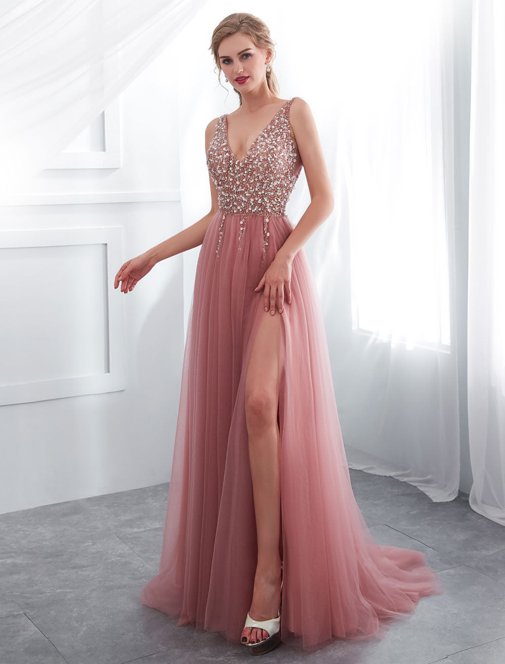 Modern Evening Dresses Cameo Pinkv Neck Beading A Line Formal Evening Dress With Train-showprettydress