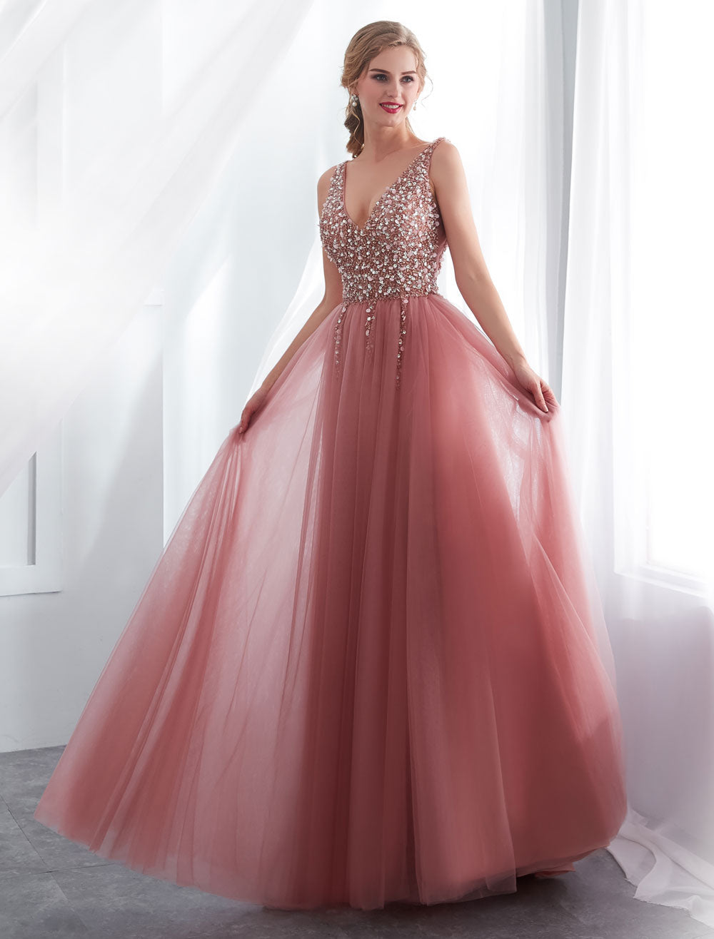 Modern Evening Dresses Cameo Pinkv Neck Beading A Line Formal Evening Dress With Train-showprettydress