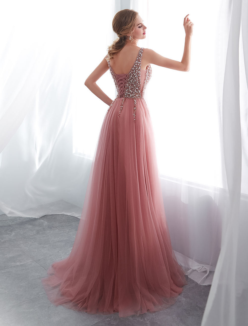Modern Evening Dresses Cameo Pinkv Neck Beading A Line Formal Evening Dress With Train-showprettydress