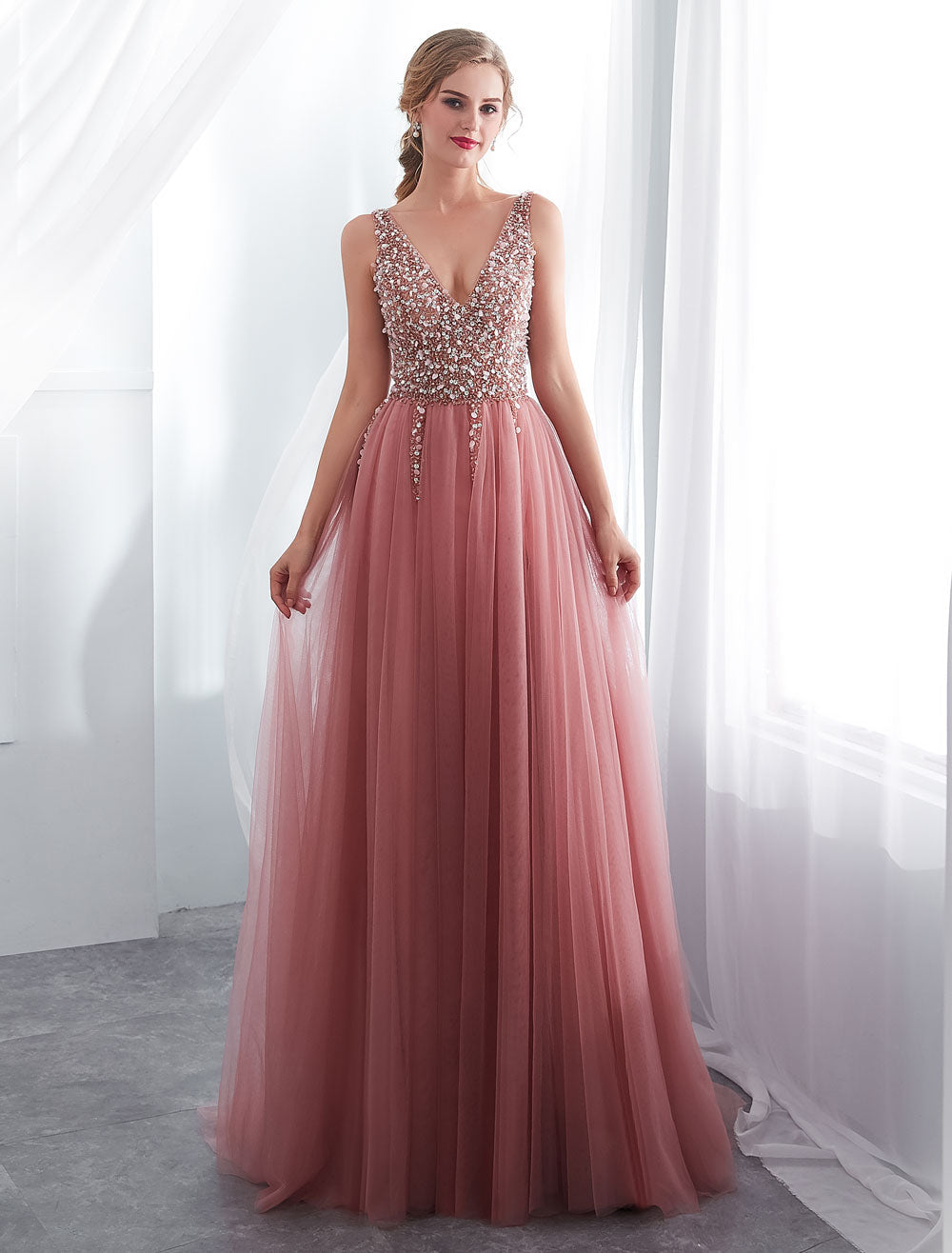 Modern Evening Dresses Cameo Pinkv Neck Beading A Line Formal Evening Dress With Train-showprettydress