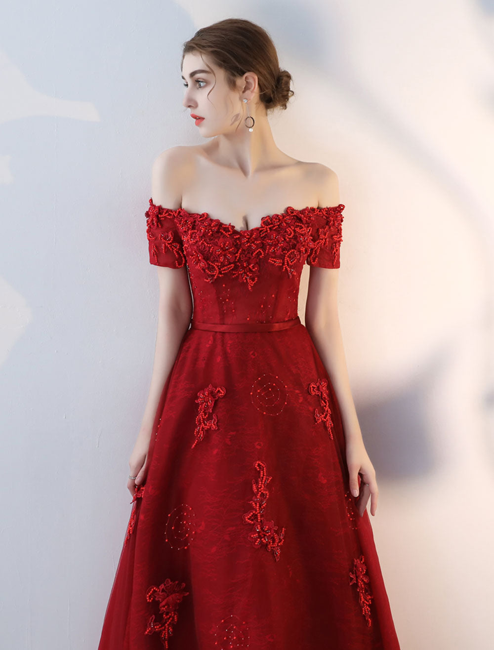 Modern Evening Dresses Long Burgundy Off The Shoulder evening dress Lace Applique Heavy Beading Sash Floor Length Formal Evening Dress-showprettydress