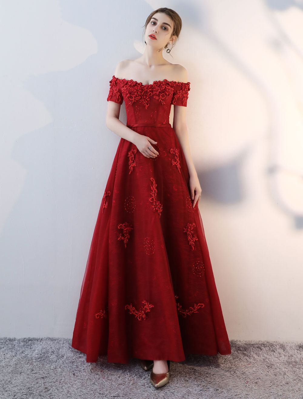 Modern Evening Dresses Long Burgundy Off The Shoulder evening dress Lace Applique Heavy Beading Sash Floor Length Formal Evening Dress-showprettydress