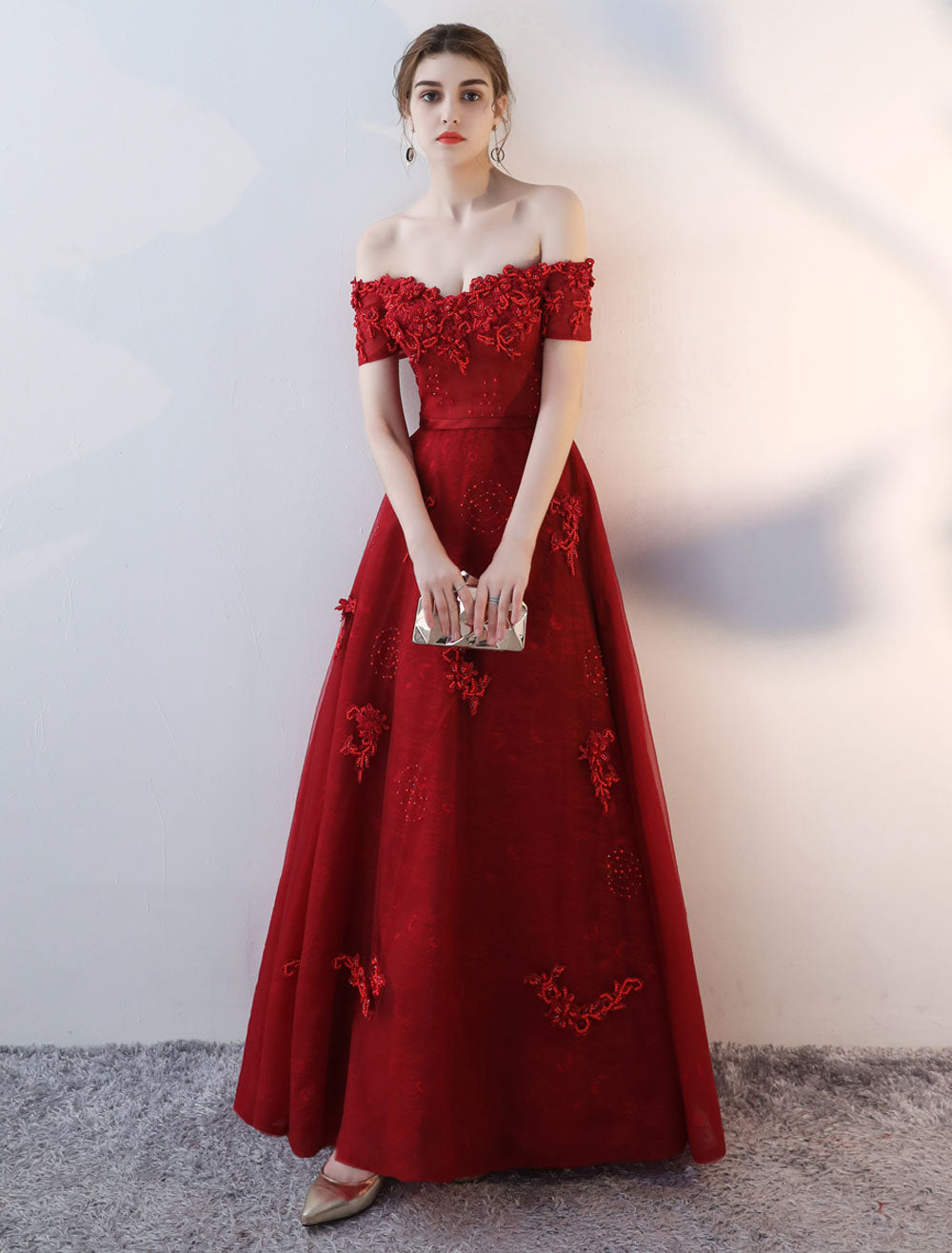 Modern Evening Dresses Long Burgundy Off The Shoulder evening dress Lace Applique Heavy Beading Sash Floor Length Formal Evening Dress-showprettydress