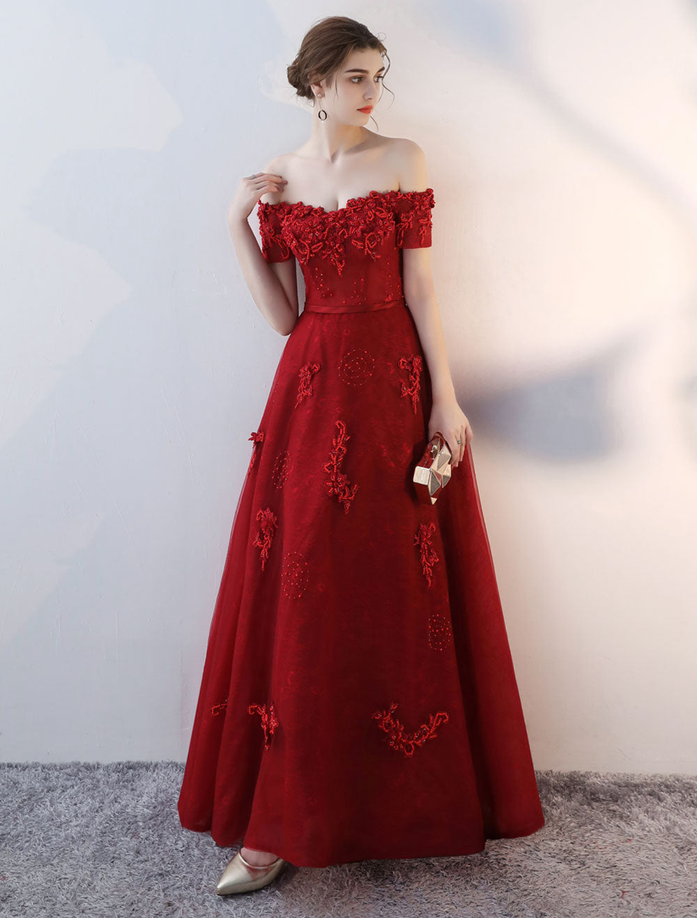 Modern Evening Dresses Long Burgundy Off The Shoulder evening dress Lace Applique Heavy Beading Sash Floor Length Formal Evening Dress-showprettydress