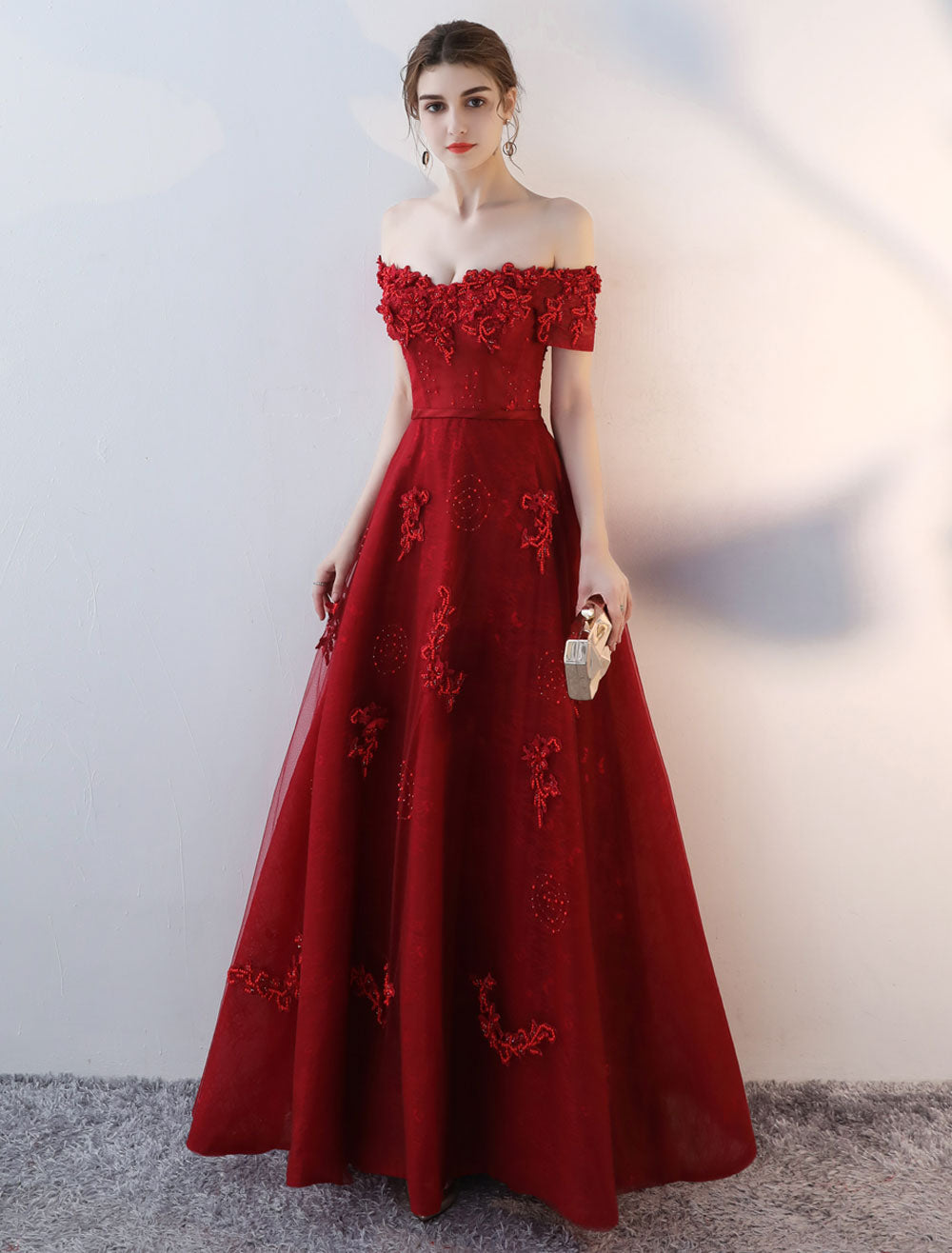 Modern Evening Dresses Long Burgundy Off The Shoulder evening dress Lace Applique Heavy Beading Sash Floor Length Formal Evening Dress-showprettydress
