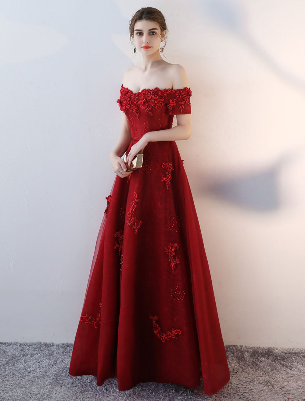 Modern Evening Dresses Long Burgundy Off The Shoulder evening dress Lace Applique Heavy Beading Sash Floor Length Formal Evening Dress-showprettydress