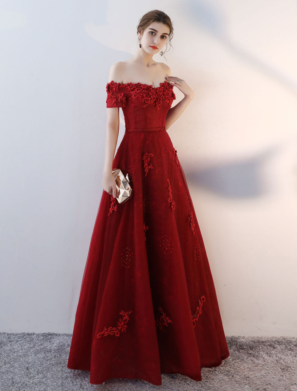 Modern Evening Dresses Long Burgundy Off The Shoulder evening dress Lace Applique Heavy Beading Sash Floor Length Formal Evening Dress-showprettydress