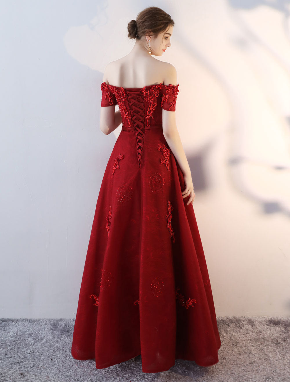 Modern Evening Dresses Long Burgundy Off The Shoulder evening dress Lace Applique Heavy Beading Sash Floor Length Formal Evening Dress-showprettydress