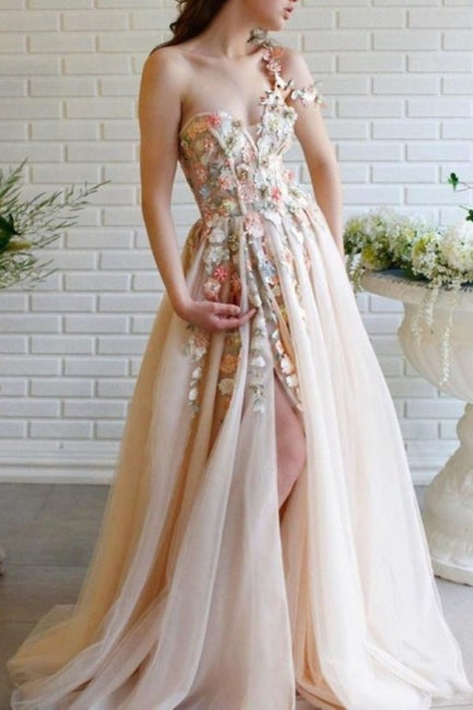 Modern Long A-line One Shoulder Flowers Tulle Prom Dress With Slit-showprettydress