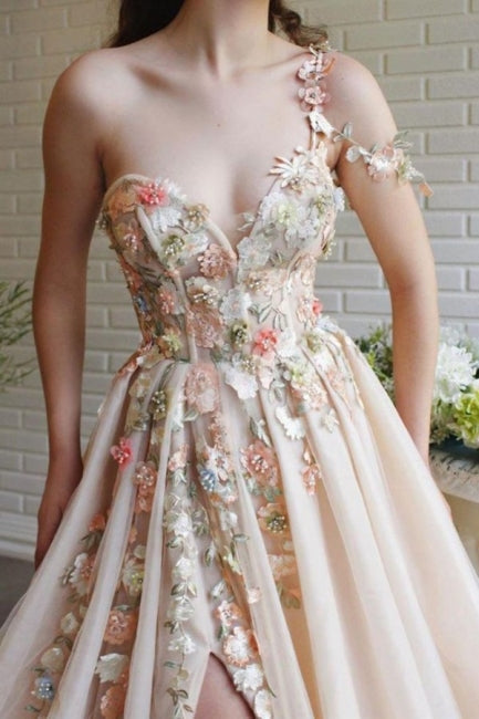 Modern Long A-line One Shoulder Flowers Tulle Prom Dress With Slit-showprettydress