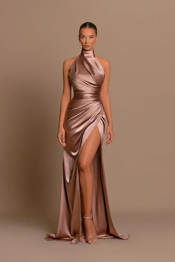 Modern Long Mermaid High Neck Sleeveless Prom Dress With Slit-showprettydress
