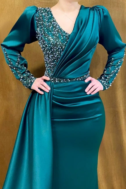 Modern Long Mermaid V neck Satin Beading Prom Dress With Sleeves Green Formal Evening Gowns-showprettydress