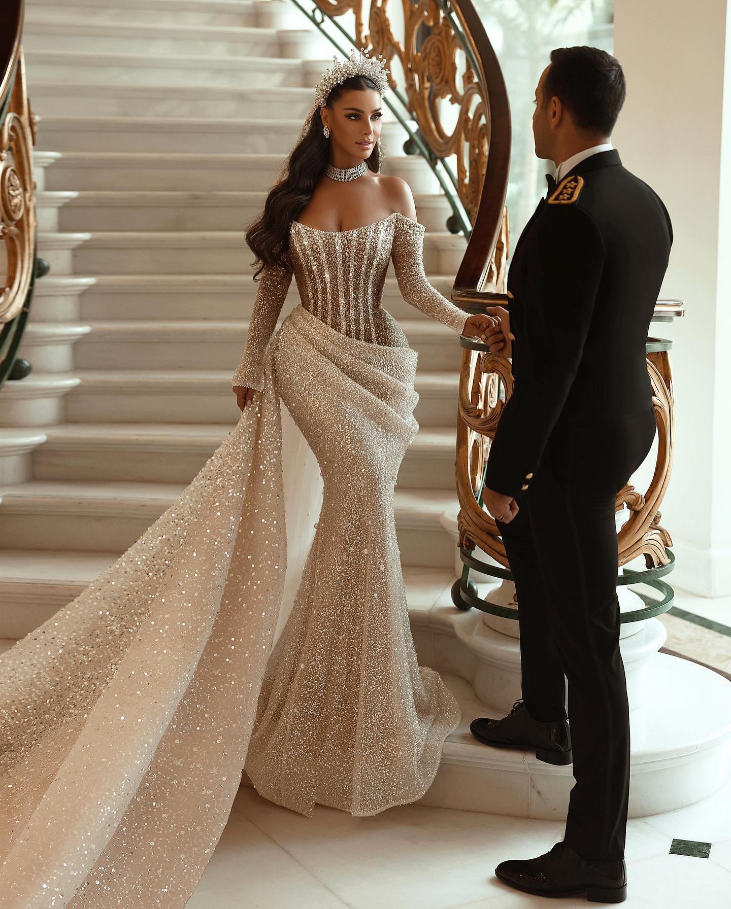 Modern Long Sleeves Mermaid Wedding Dress With Ruffles and Sequins Pleats-showprettydress