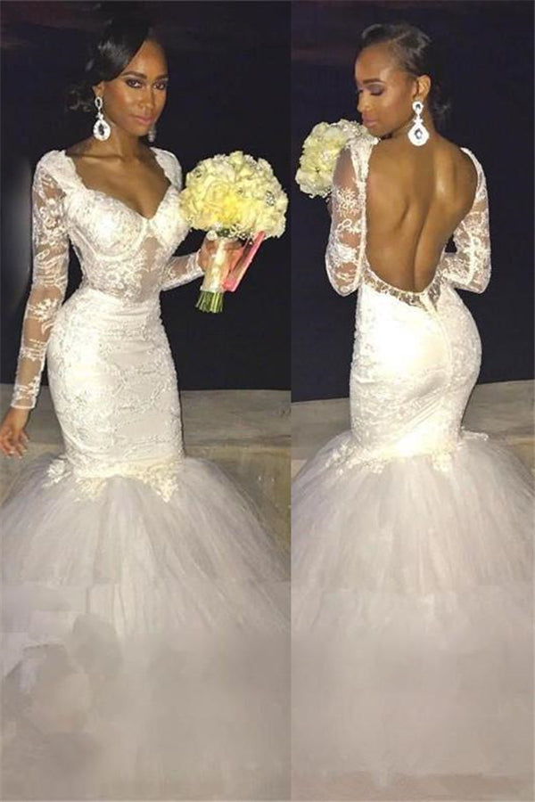 long sleeve lace wedding dress open back Modern Mermaid Long Sleeve Lace Backless Wedding Dress