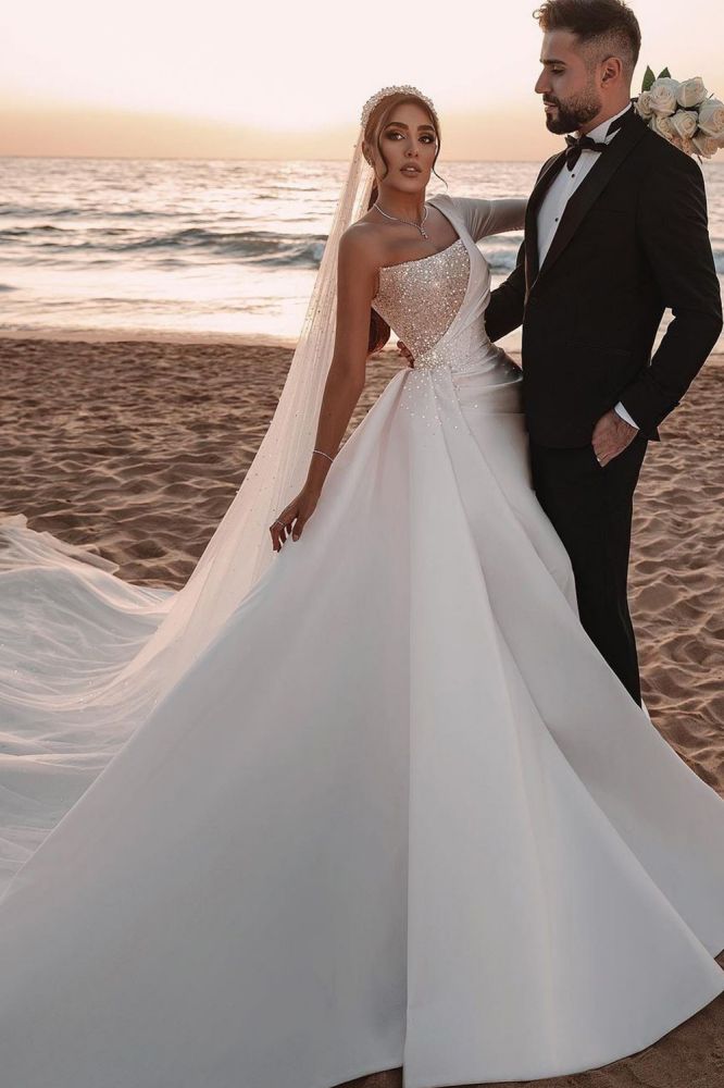 Modern One Shoulder Ruffles Satin Sparkly Seqiuns Mermaid Bridal Dress with  Sweep Court Train