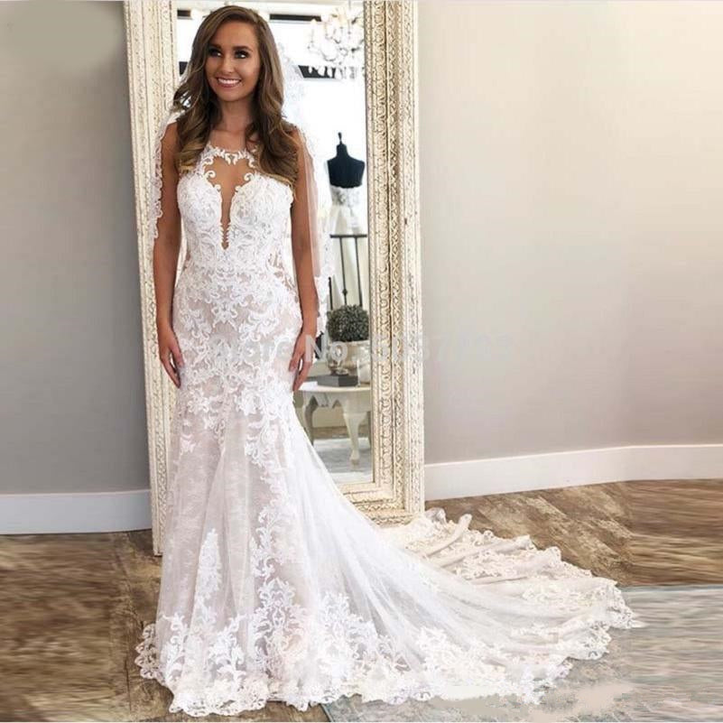 Modern Sleeveless Column Lace Wedding Dress Online-showprettydress