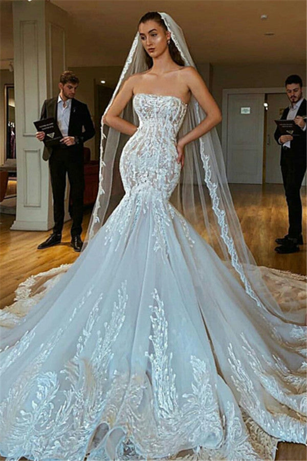 Modern Strapless Mermaid Puffy Appliques Bridal Bridal Gowns-showprettydress