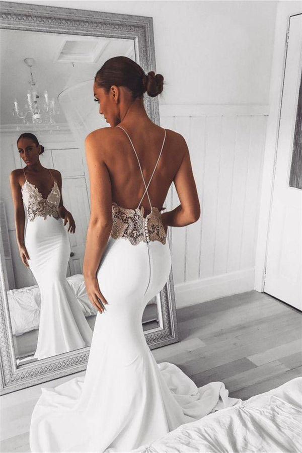 Modern V Neck Lace Spaghetti Strap Mermaid Wedding Dress Open Back Bridal Gown-showprettydress