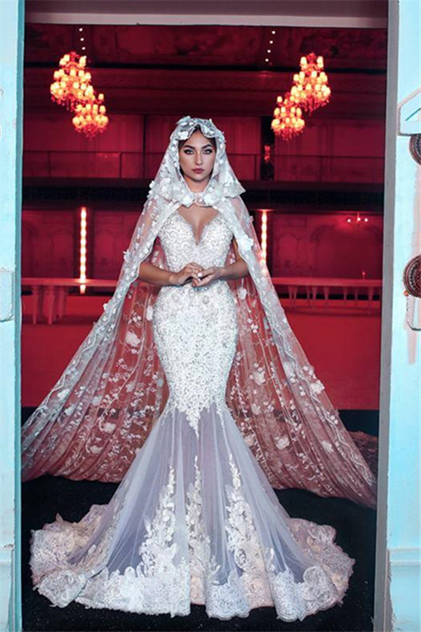 Modern V neck Long Wedding Dress with See through Long Train-showprettydress