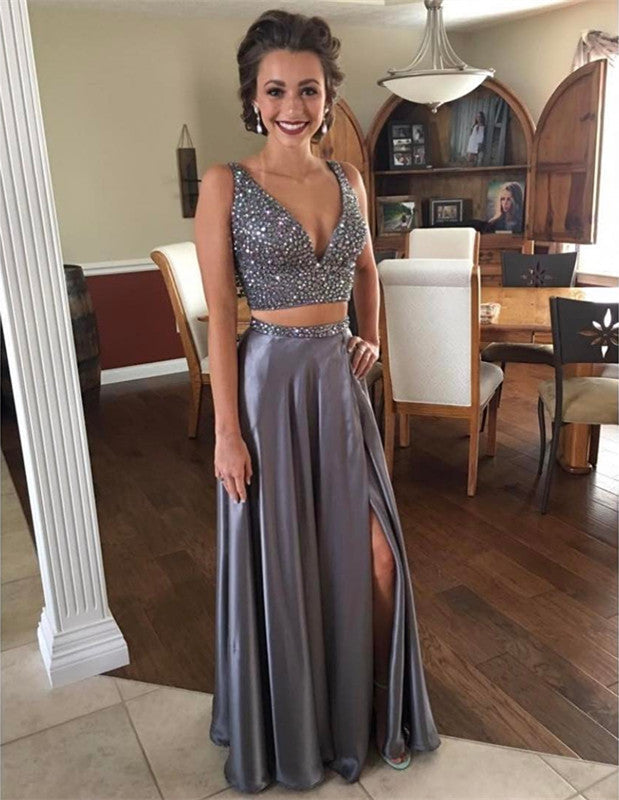Modest Crystals V-neck Two Piece Front Split Evening Gown-showprettydress