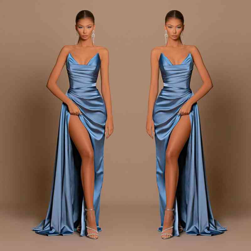 Modest Dusty Blue Sweetheart Prom Dresses Mermaid Slit Long On Sale-Showprettydress